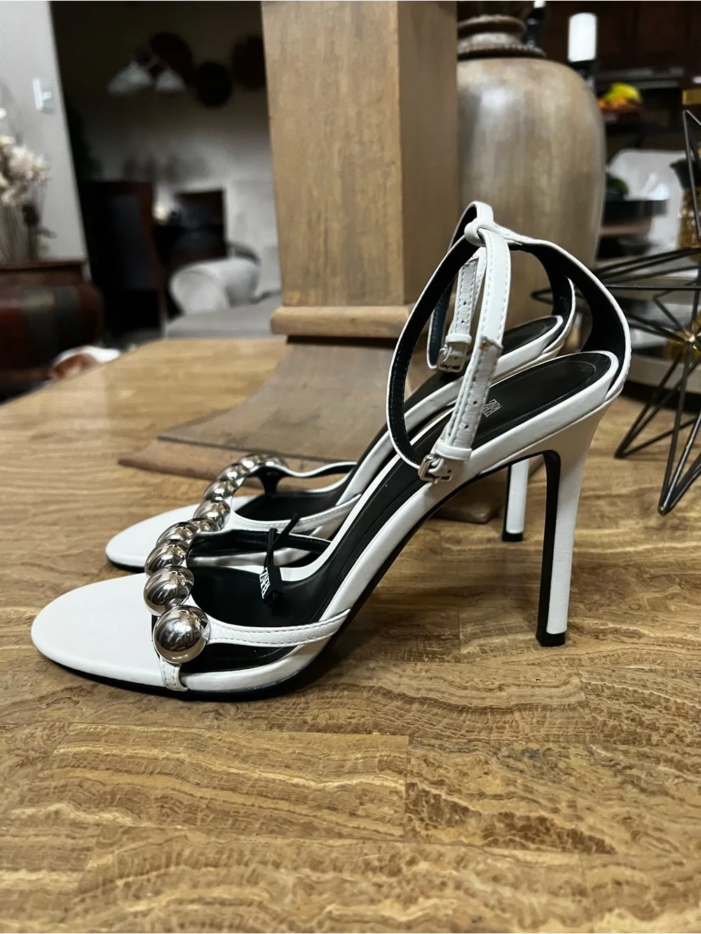 Zara White Open-Toe High Heel Sandals with Silver Bead Detail - Picture 2 of 5